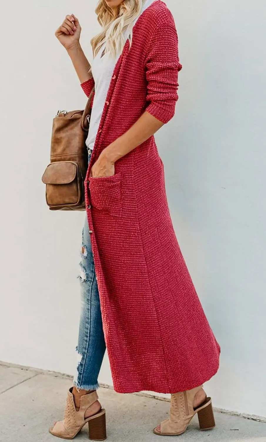 HZSONNE Women's Boho Long Casual Cardigan Long Sleeve Button Down Front Pocket Knitted Sweater Blouses
