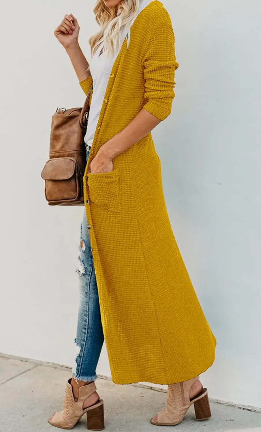 HZSONNE Women's Boho Long Casual Cardigan Long Sleeve Button Down Front Pocket Knitted Sweater Blouses