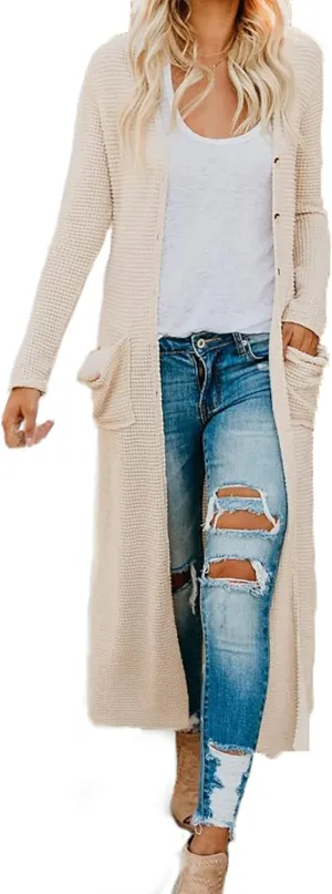 HZSONNE Women's Boho Long Casual Cardigan Long Sleeve Button Down Front Pocket Knitted Sweater Blouses