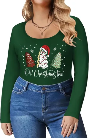 IN'VOLAND Women's Plus Size Long Sleeve Shirts Scoop Neck Slim Fitted T Shirt Stretchy Bodycon Basic Tee Tops