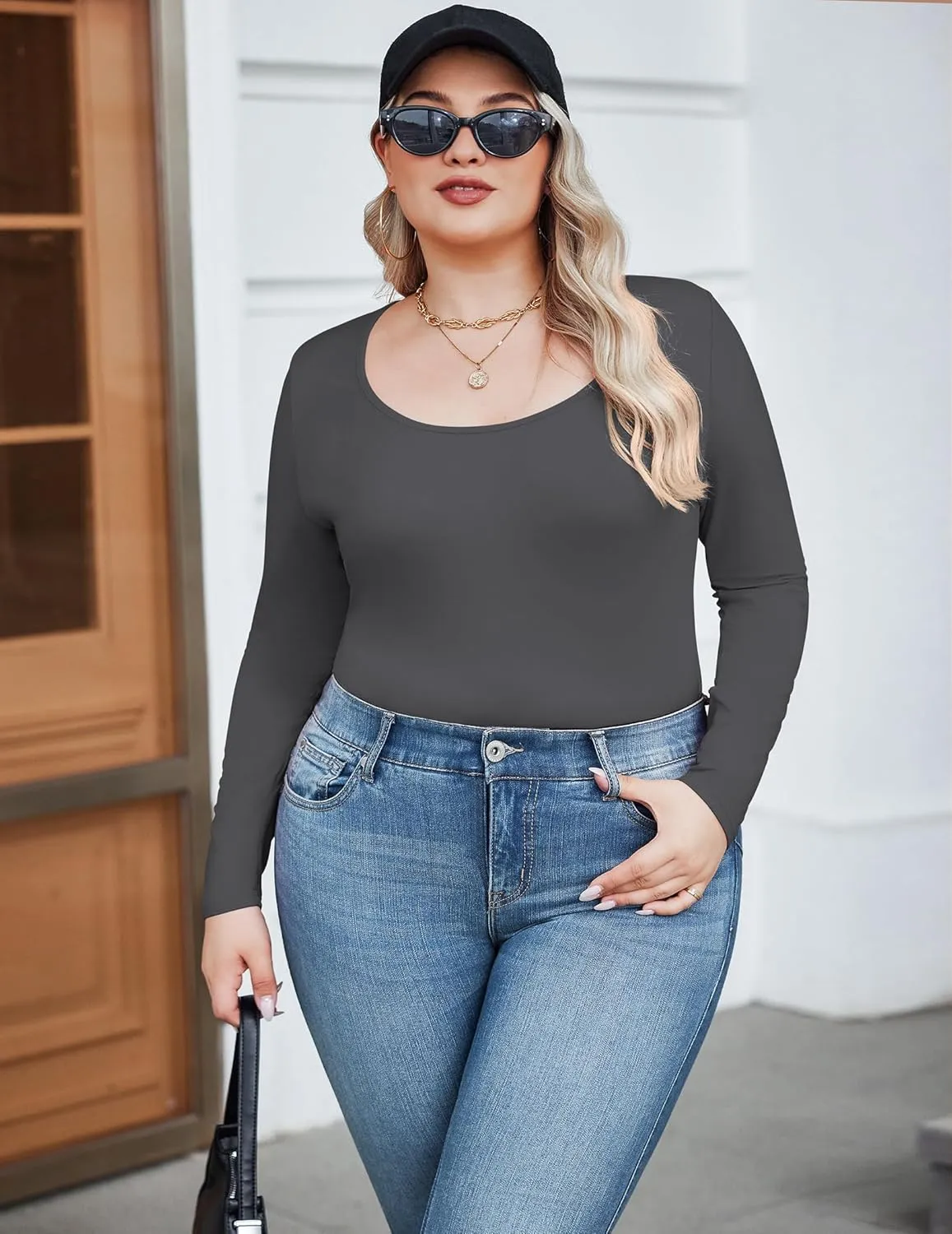 IN'VOLAND Women's Plus Size Long Sleeve Shirts Scoop Neck Slim Fitted T Shirt Stretchy Bodycon Basic Tee Tops