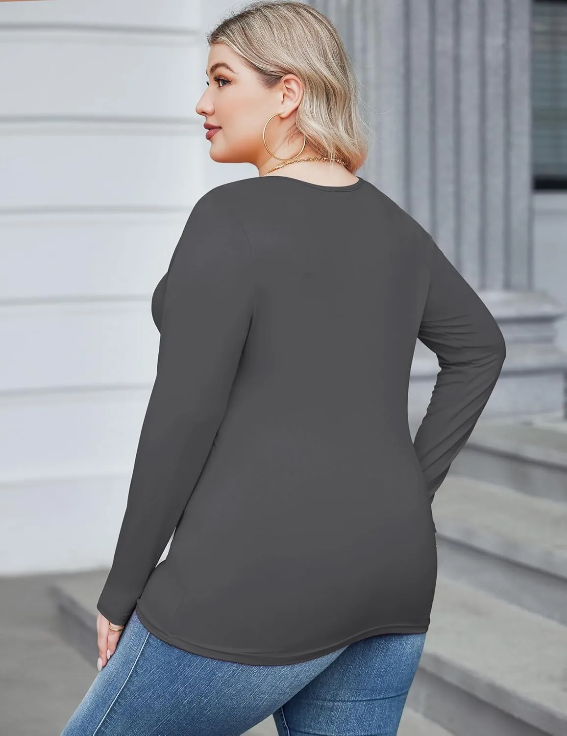 IN'VOLAND Women's Plus Size Long Sleeve Shirts Scoop Neck Slim Fitted T Shirt Stretchy Bodycon Basic Tee Tops