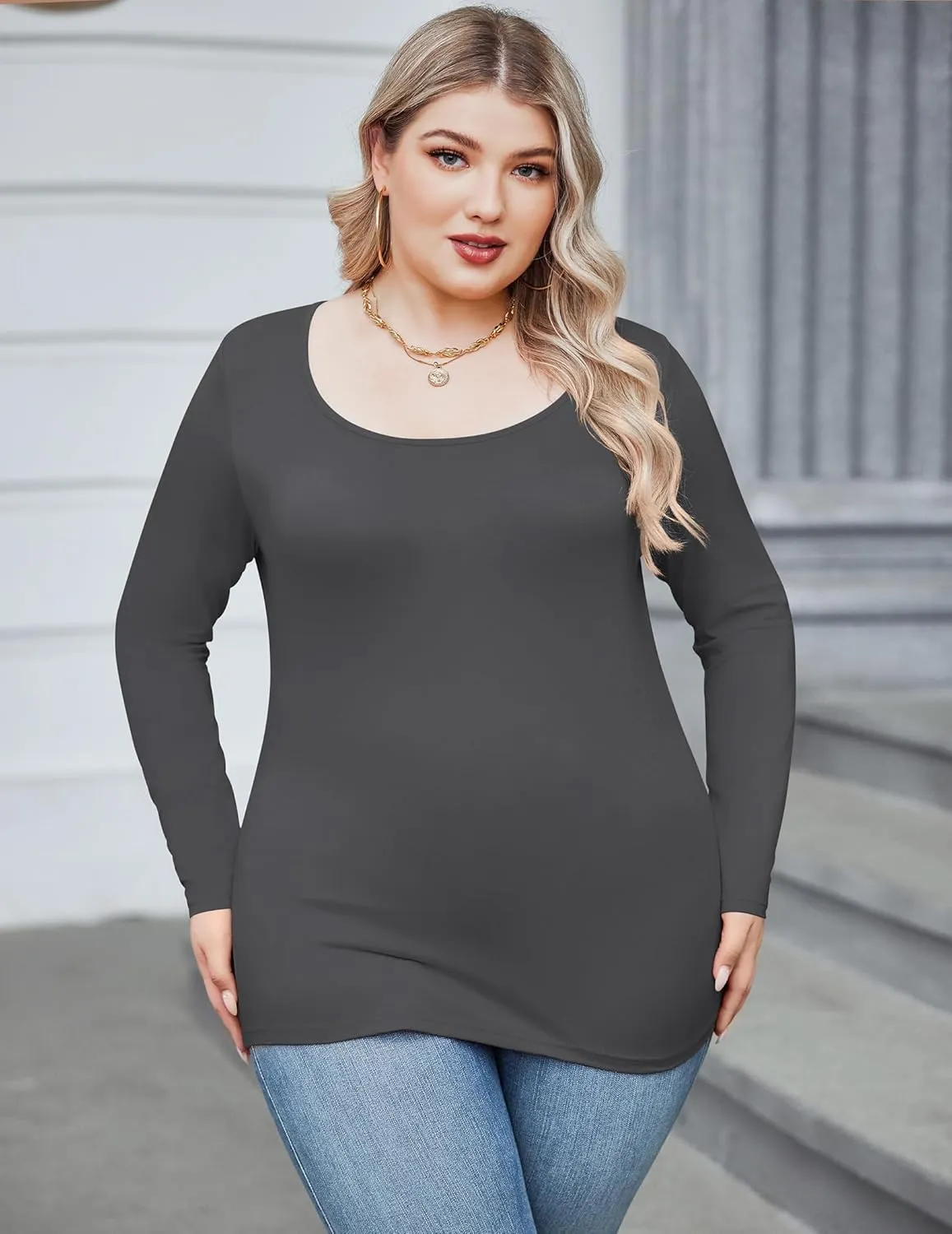 IN'VOLAND Women's Plus Size Long Sleeve Shirts Scoop Neck Slim Fitted T Shirt Stretchy Bodycon Basic Tee Tops