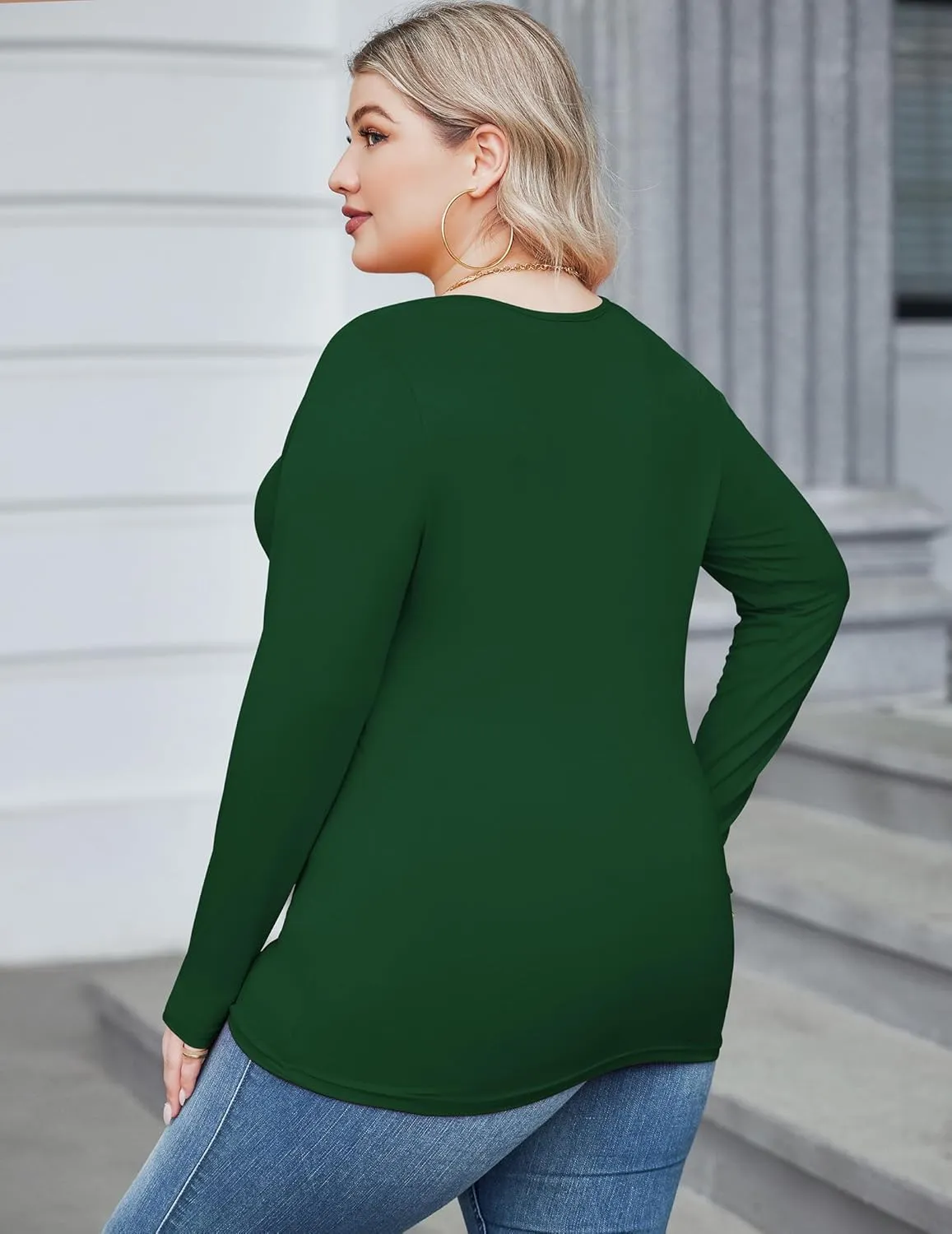 IN'VOLAND Women's Plus Size Long Sleeve Shirts Scoop Neck Slim Fitted T Shirt Stretchy Bodycon Basic Tee Tops