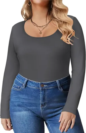 IN'VOLAND Women's Plus Size Long Sleeve Shirts Scoop Neck Slim Fitted T Shirt Stretchy Bodycon Basic Tee Tops