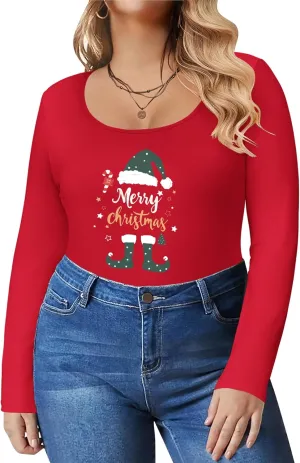 IN'VOLAND Women's Plus Size Long Sleeve Shirts Scoop Neck Slim Fitted T Shirt Stretchy Bodycon Basic Tee Tops