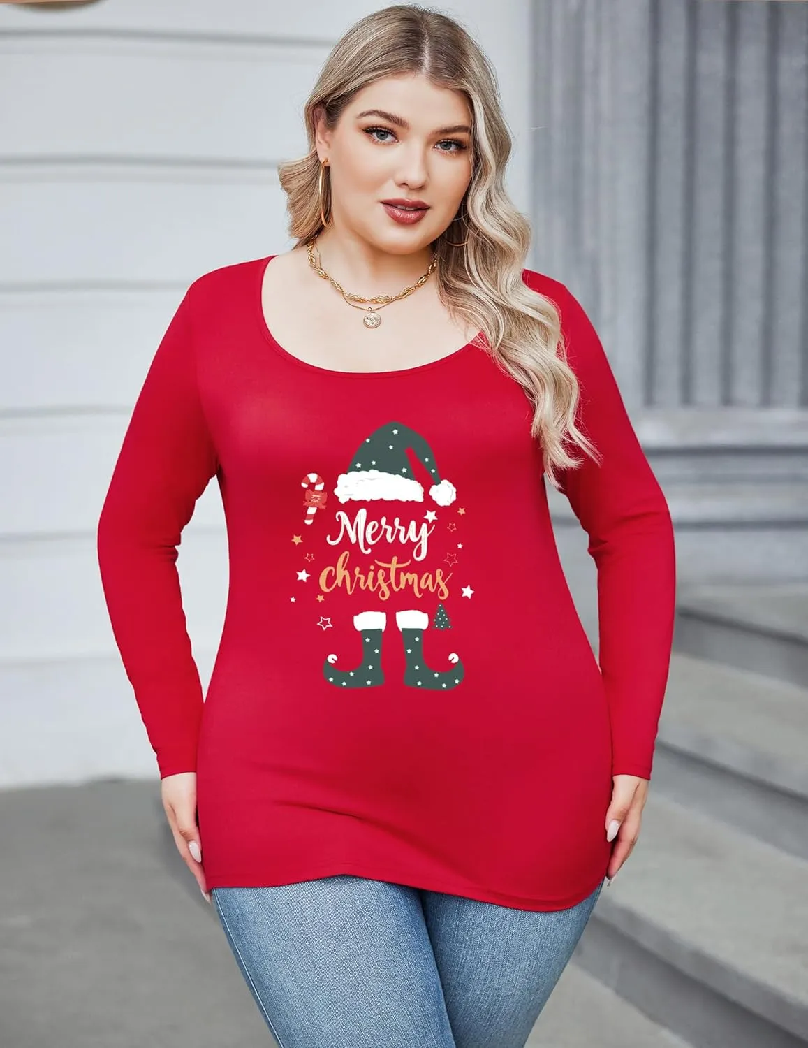 IN'VOLAND Women's Plus Size Long Sleeve Shirts Scoop Neck Slim Fitted T Shirt Stretchy Bodycon Basic Tee Tops