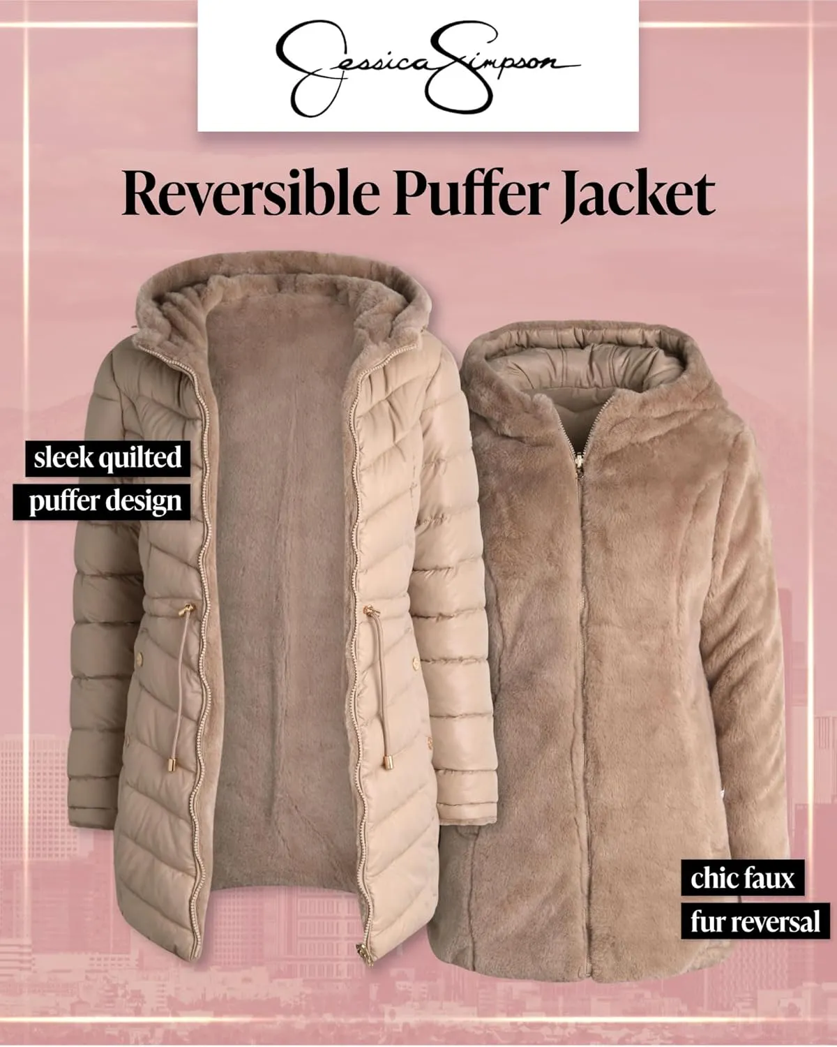 Jessica Simpson Women's Puffer Jacket - Cozy Lux Faux Fur Reversible Jackets for Women - Zip Up Hooded Winter Jacket (S-XL)