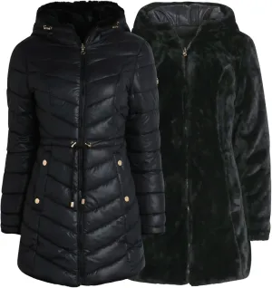 Jessica Simpson Women's Puffer Jacket - Cozy Lux Faux Fur Reversible Jackets for Women - Zip Up Hooded Winter Jacket (S-XL)