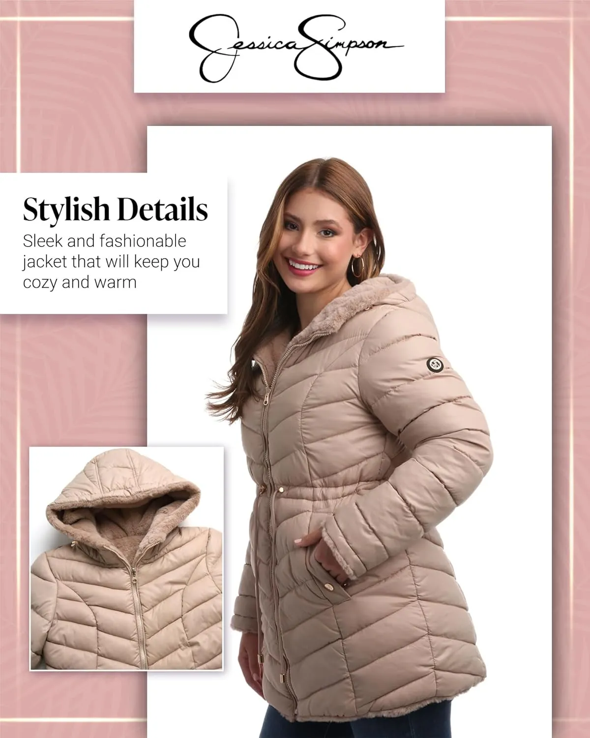 Jessica Simpson Women's Puffer Jacket - Cozy Lux Faux Fur Reversible Jackets for Women - Zip Up Hooded Winter Jacket (S-XL)