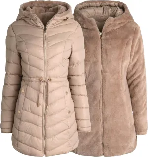 Jessica Simpson Women's Puffer Jacket - Cozy Lux Faux Fur Reversible Jackets for Women - Zip Up Hooded Winter Jacket (S-XL)