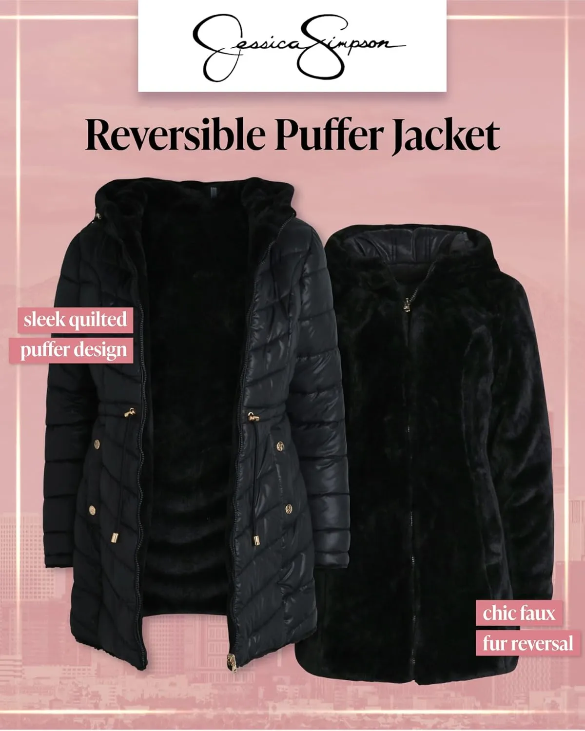 Jessica Simpson Women's Puffer Jacket - Cozy Lux Faux Fur Reversible Jackets for Women - Zip Up Hooded Winter Jacket (S-XL)