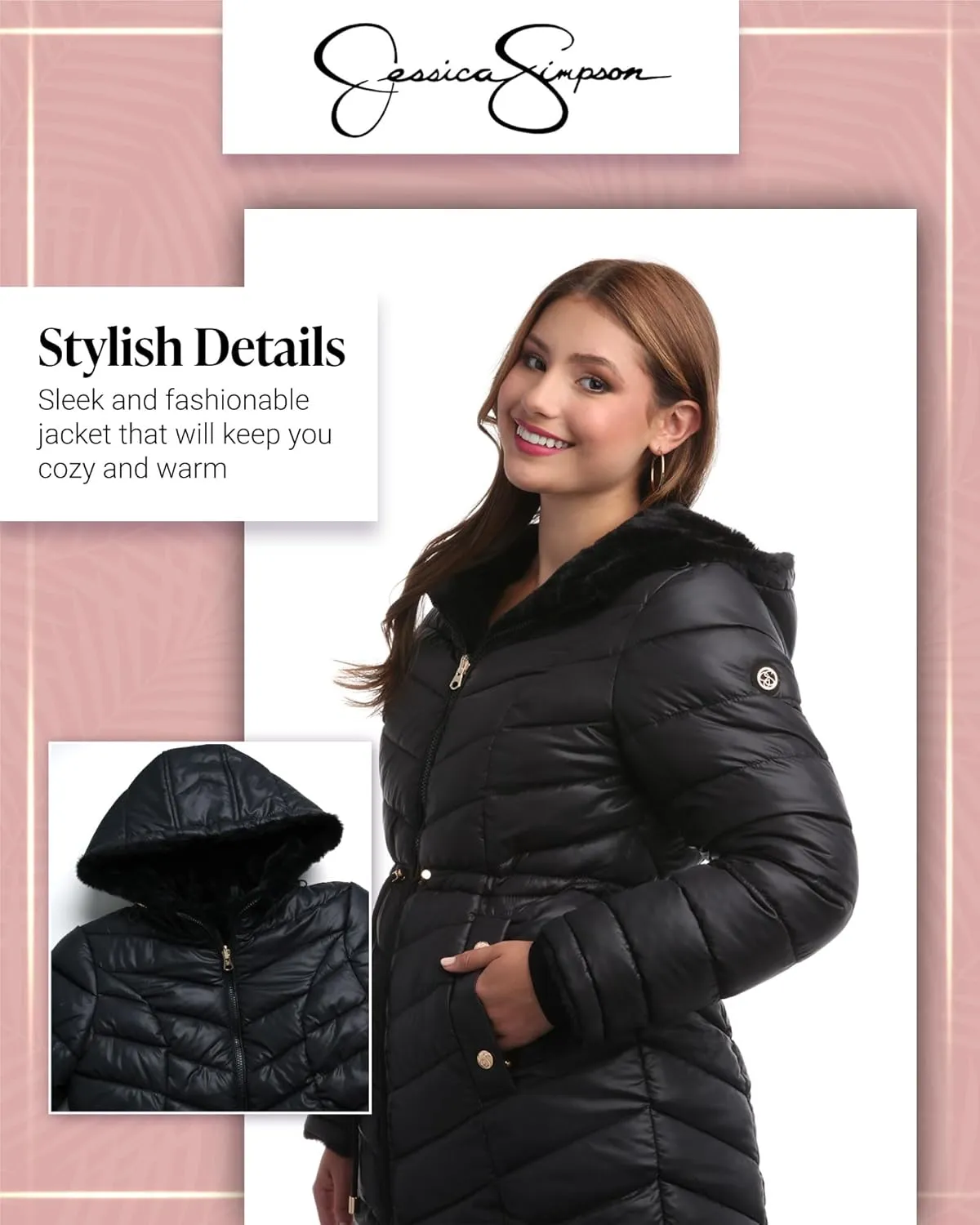 Jessica Simpson Women's Puffer Jacket - Cozy Lux Faux Fur Reversible Jackets for Women - Zip Up Hooded Winter Jacket (S-XL)