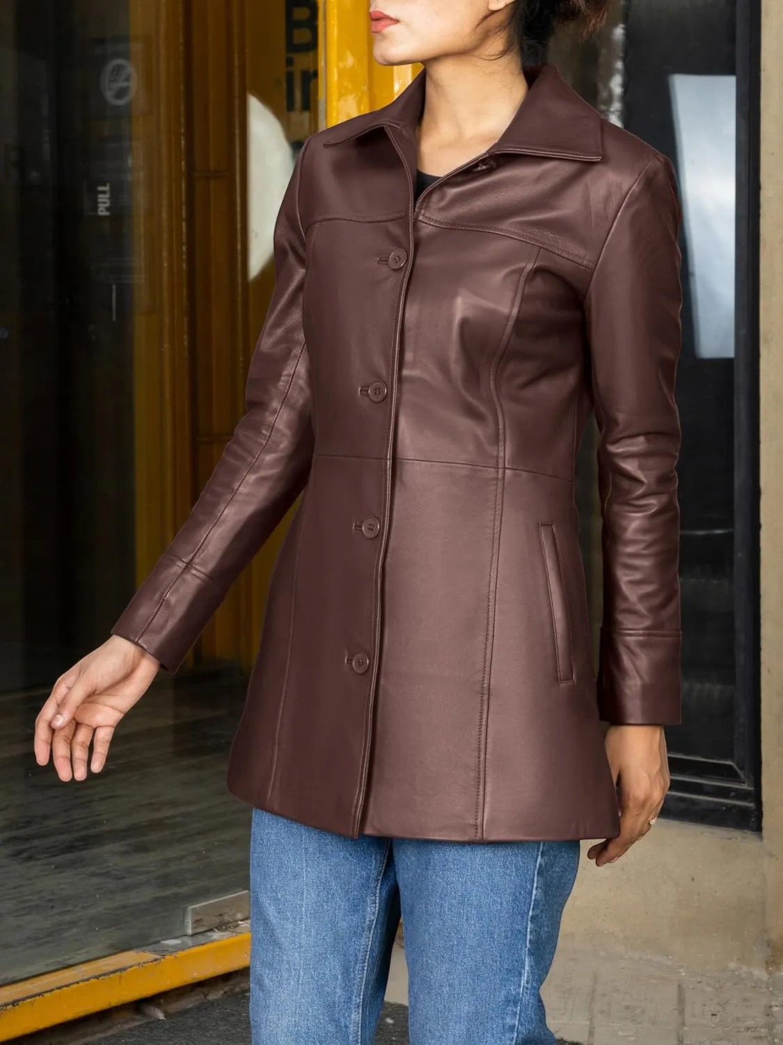 Jild Casual Car Coat Lambskin Leather Jacket Women   Length Blazer Overcoat Style Leather Long Coat Women