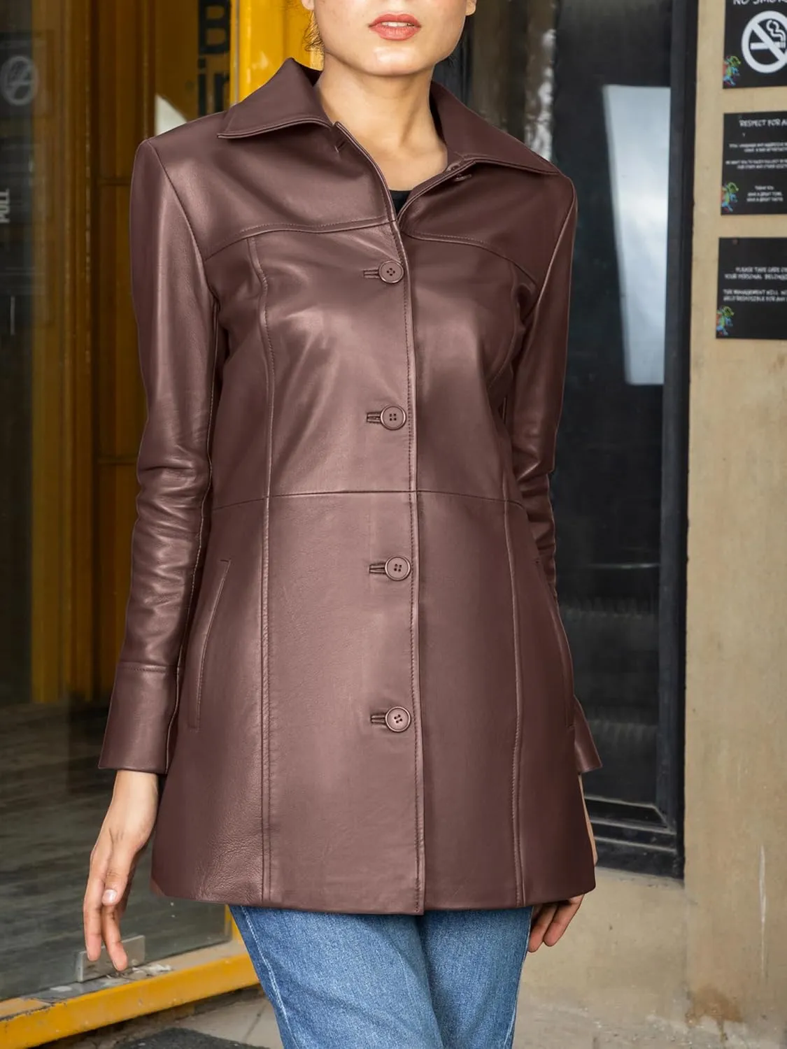 Jild Casual Car Coat Lambskin Leather Jacket Women   Length Blazer Overcoat Style Leather Long Coat Women
