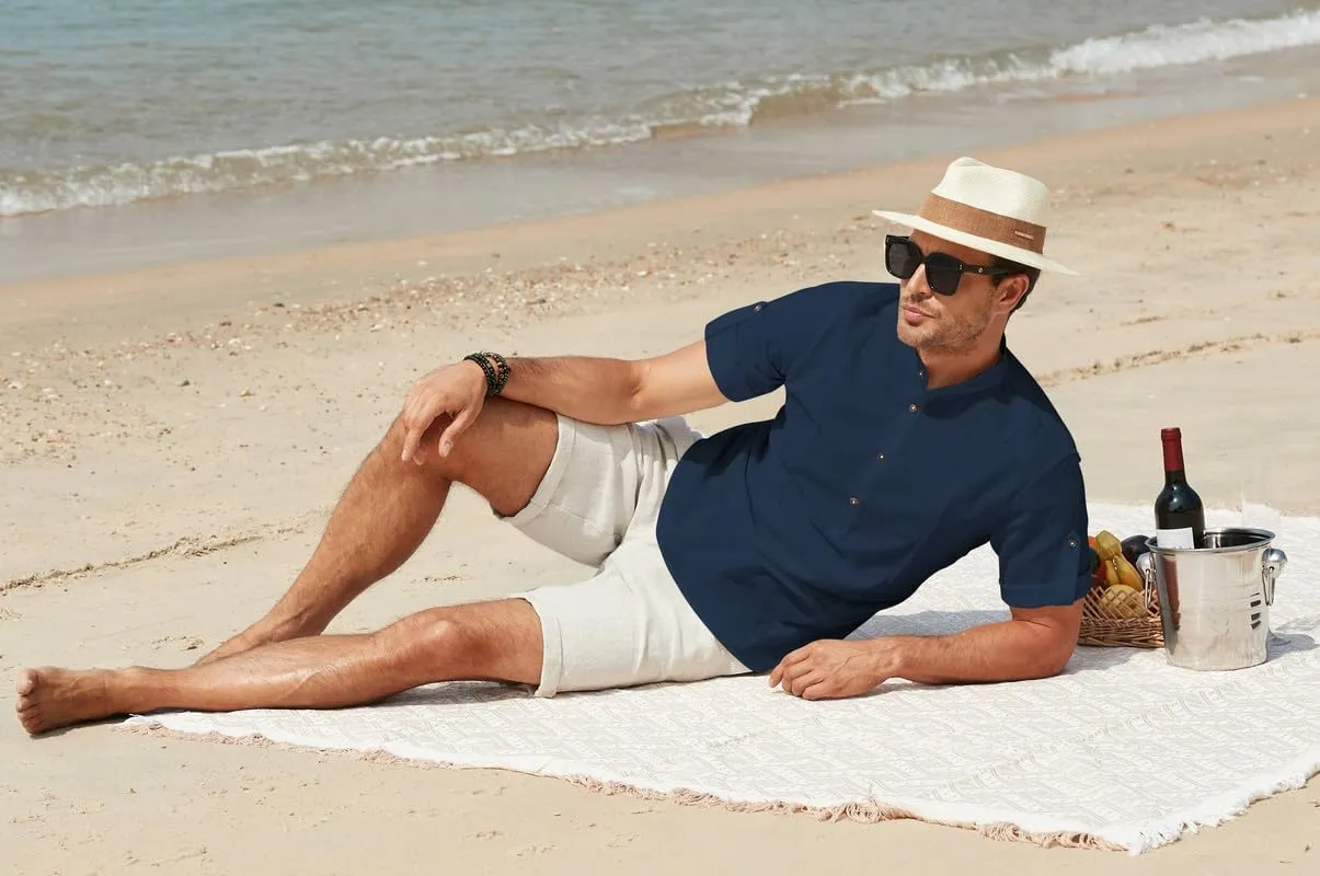 JMIERR Mens Cotton Linen Henley Shirt Casual Button Down Short Sleeve Tropical Shirts Summer Beach T Shirts
