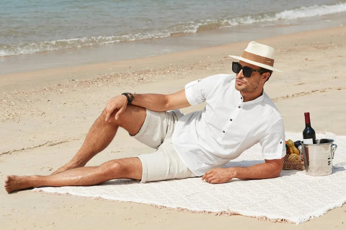 JMIERR Mens Cotton Linen Henley Shirt Casual Button Down Short Sleeve Tropical Shirts Summer Beach T Shirts