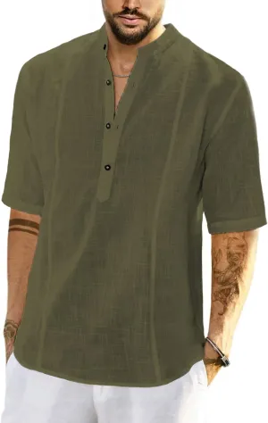 JMIERR Mens Cotton Linen Henley Shirt Casual Button Down Short Sleeve Tropical Shirts Summer Beach T Shirts