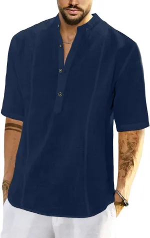 JMIERR Mens Cotton Linen Henley Shirt Casual Button Down Short Sleeve Tropical Shirts Summer Beach T Shirts