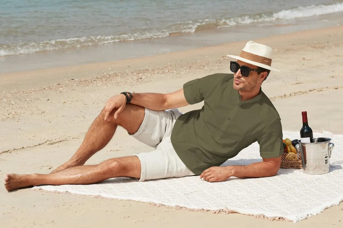 JMIERR Mens Cotton Linen Henley Shirt Casual Button Down Short Sleeve Tropical Shirts Summer Beach T Shirts