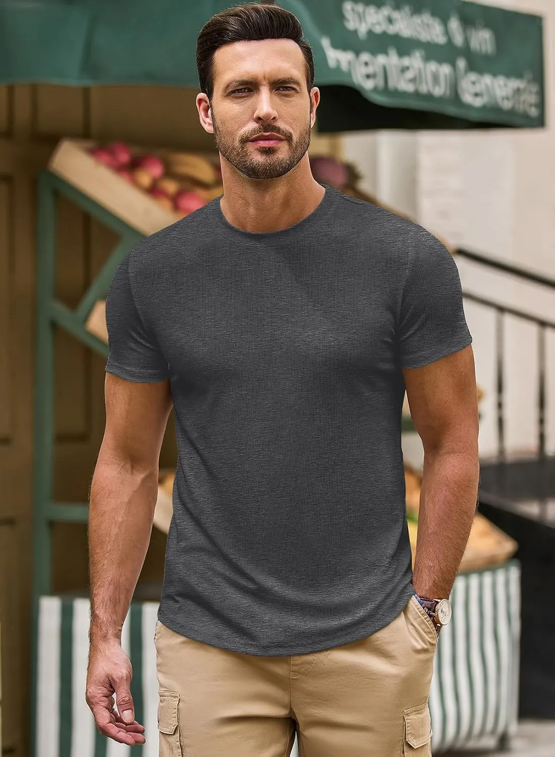 JMIERR Mens Short Sleeve T Shirt Summer Muscle Slim Fitted Crewneck Longline Tees Shirts for Gym Workout