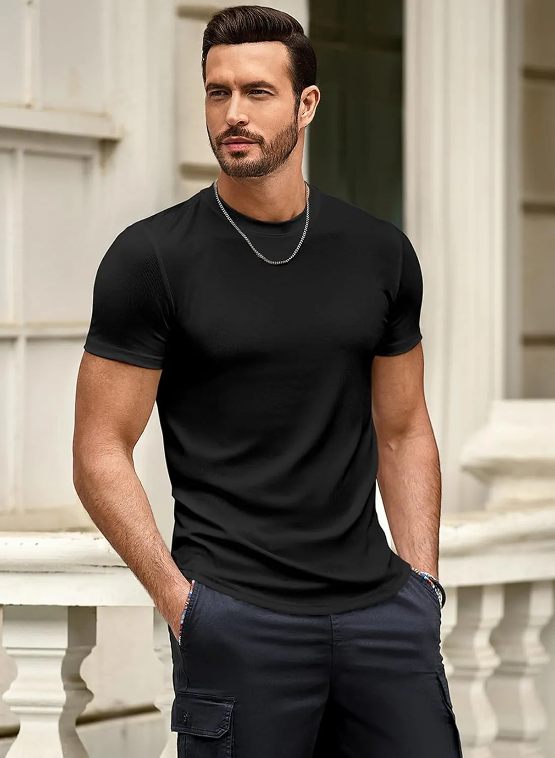 JMIERR Mens Short Sleeve T Shirt Summer Muscle Slim Fitted Crewneck Longline Tees Shirts for Gym Workout