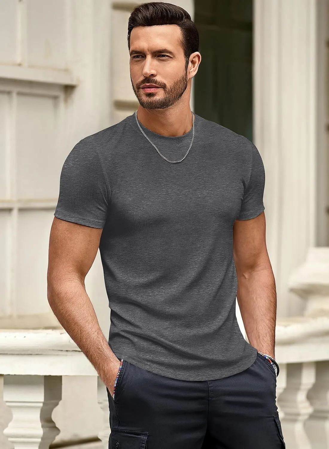 JMIERR Mens Short Sleeve T Shirt Summer Muscle Slim Fitted Crewneck Longline Tees Shirts for Gym Workout