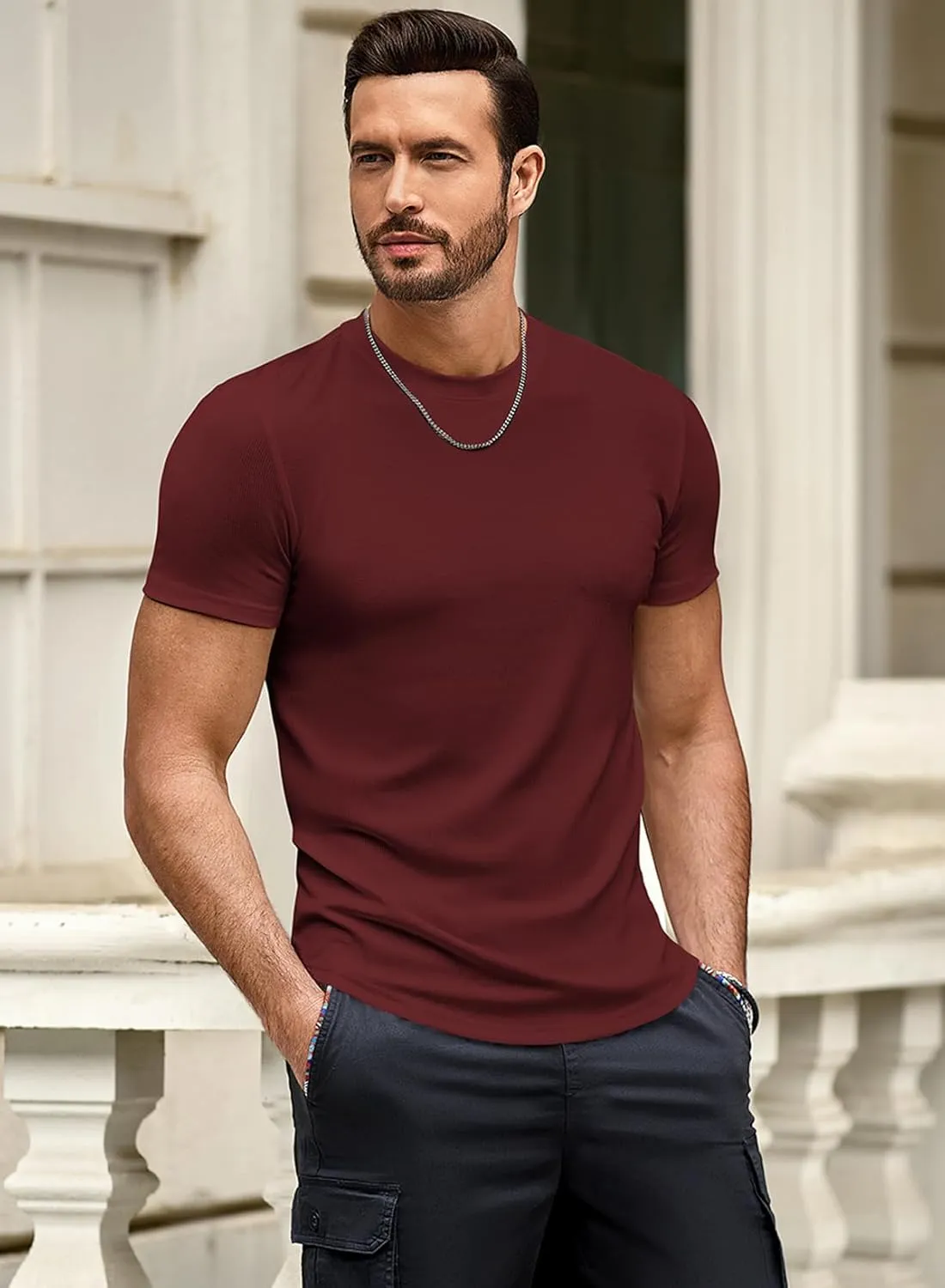 JMIERR Mens Short Sleeve T Shirt Summer Muscle Slim Fitted Crewneck Longline Tees Shirts for Gym Workout