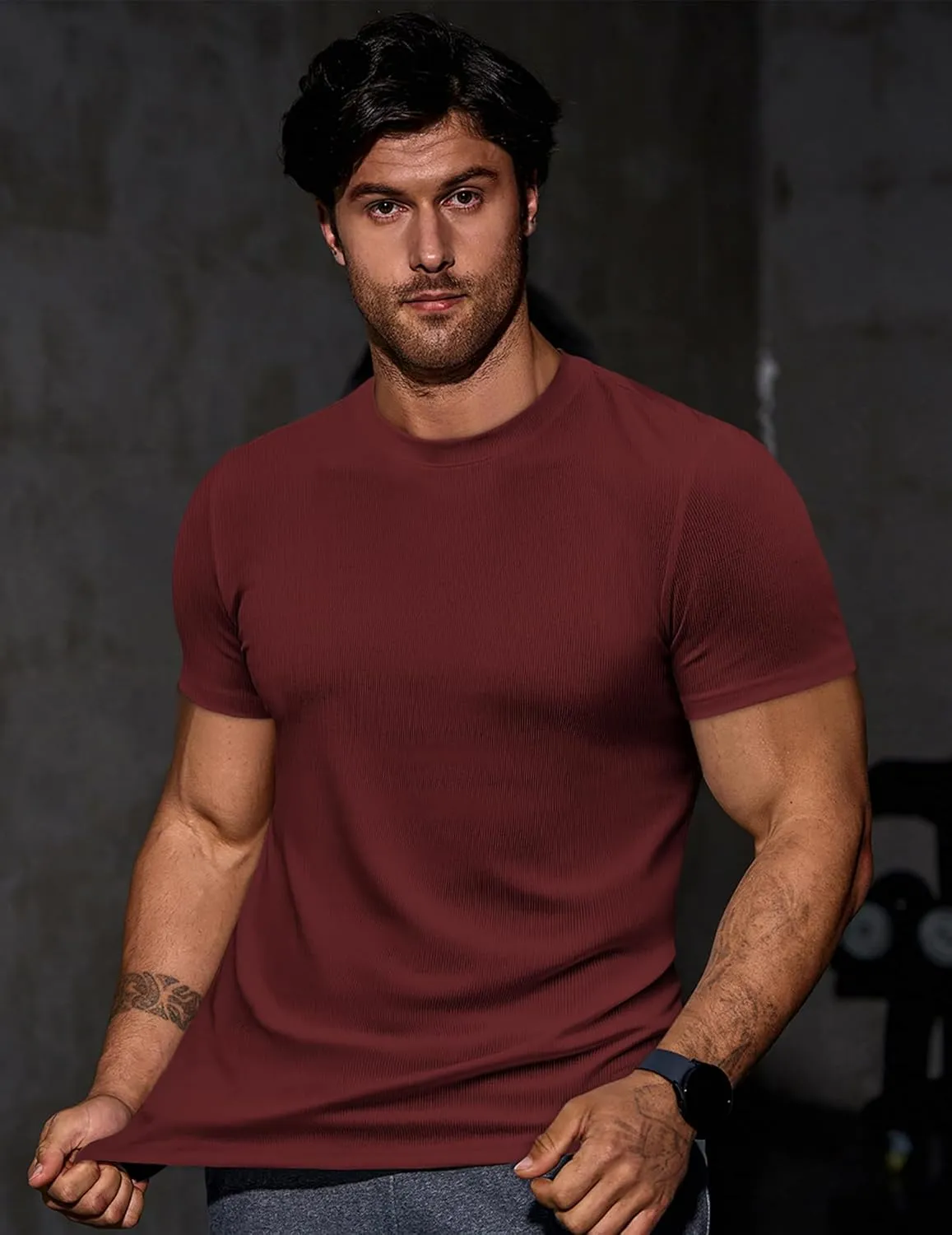 JMIERR Mens Short Sleeve T Shirt Summer Muscle Slim Fitted Crewneck Longline Tees Shirts for Gym Workout