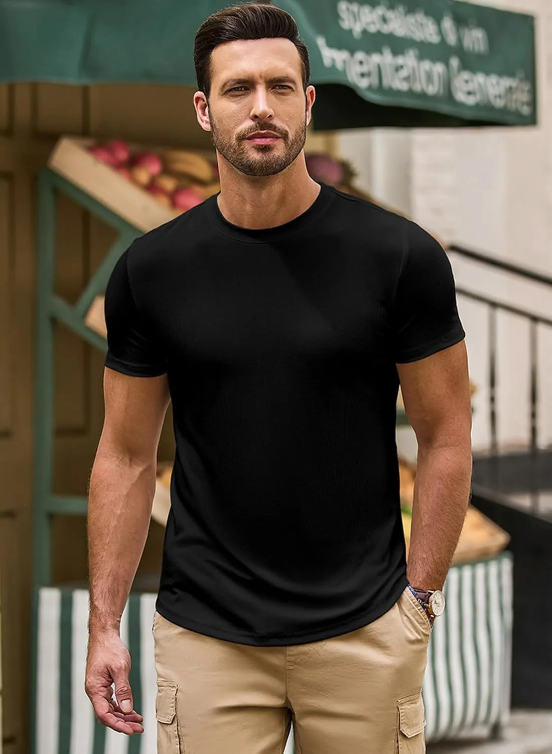 JMIERR Mens Short Sleeve T Shirt Summer Muscle Slim Fitted Crewneck Longline Tees Shirts for Gym Workout