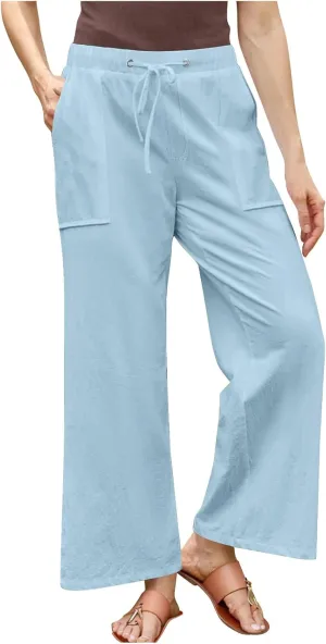 jsaierl Linen Wide Leg Pants for Women Palazzo Pants Summer Flowy Casual Trousers Loose Fit Drawstring Pants with Big Pockets