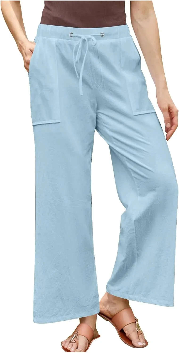 jsaierl Linen Wide Leg Pants for Women Palazzo Pants Summer Flowy Casual Trousers Loose Fit Drawstring Pants with Big Pockets
