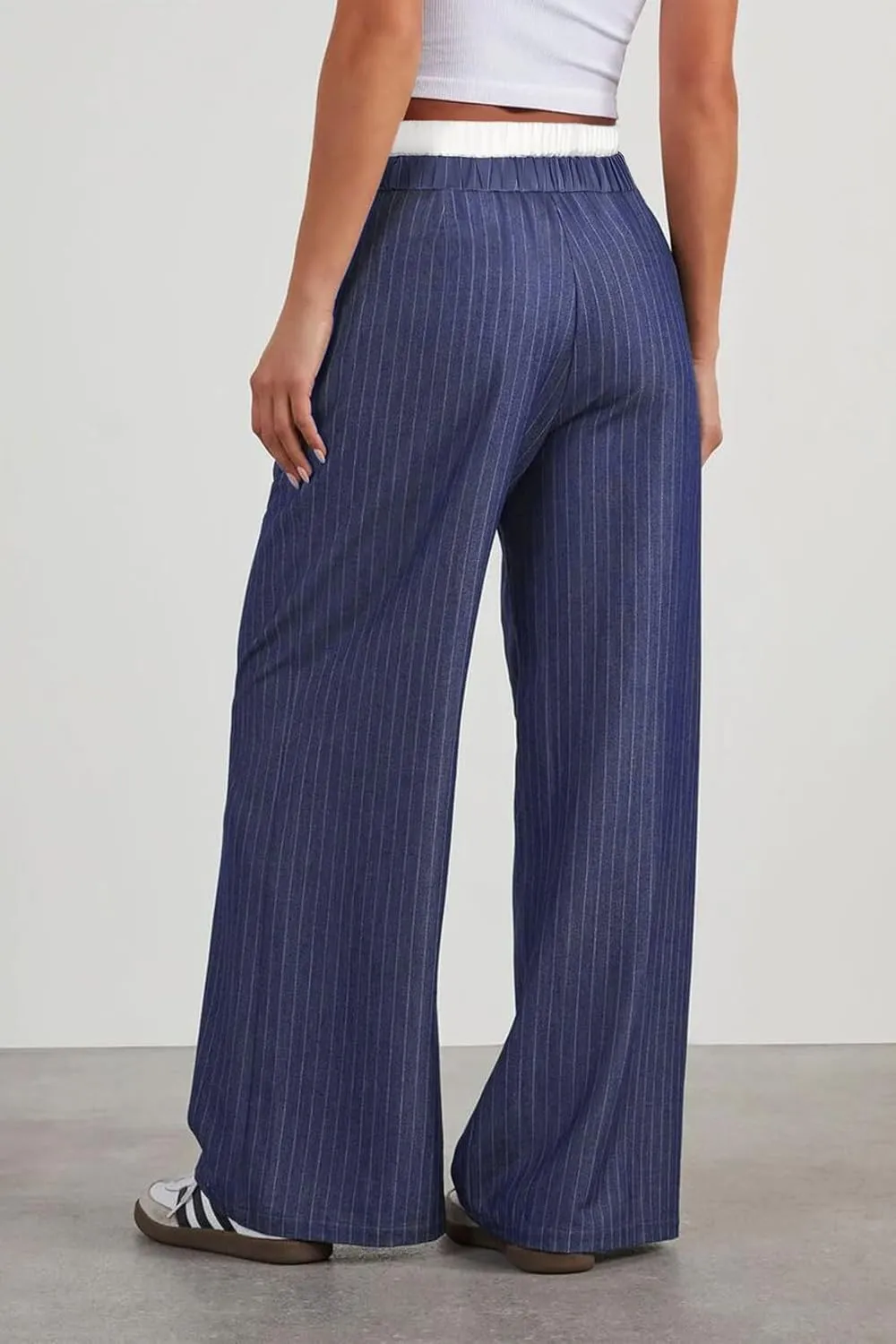 Lesore Womens Striped Color Block High Elastic Waist Wide Leg Pants Trousers Long Straight Suit Pants