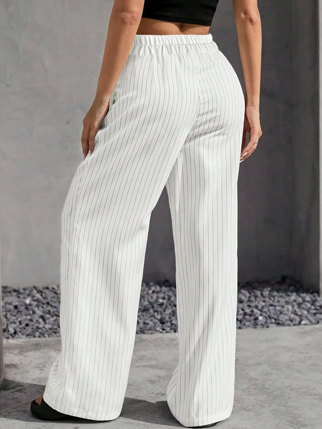 Lesore Womens Striped Color Block High Elastic Waist Wide Leg Pants Trousers Long Straight Suit Pants