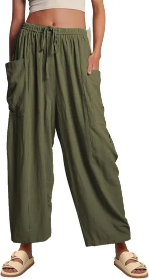 Linen Palazzo Pants Women Wide Leg Beach Trousers Lightweight Boho Harem Pants with Pockets Elastic Waist