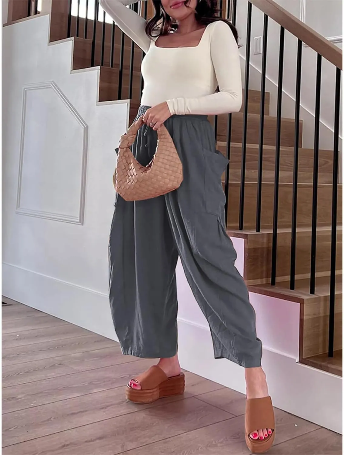 Linen Palazzo Pants Women Wide Leg Beach Trousers Lightweight Boho Harem Pants with Pockets Elastic Waist