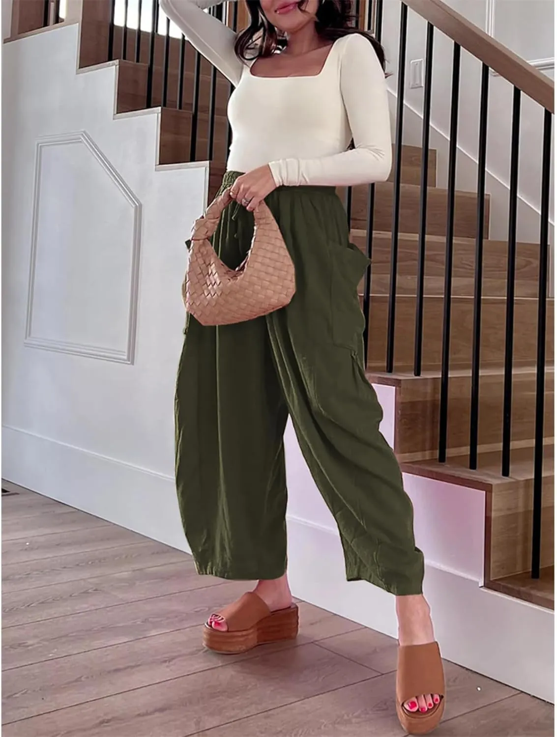 Linen Palazzo Pants Women Wide Leg Beach Trousers Lightweight Boho Harem Pants with Pockets Elastic Waist