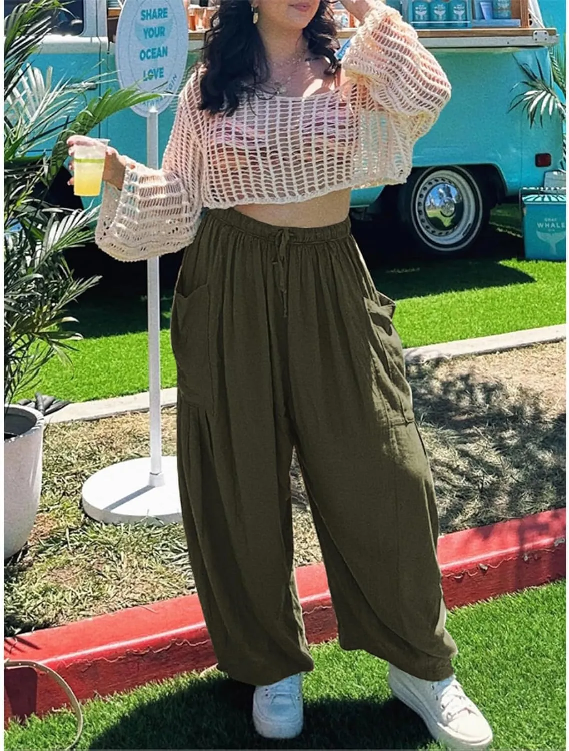 Linen Palazzo Pants Women Wide Leg Beach Trousers Lightweight Boho Harem Pants with Pockets Elastic Waist