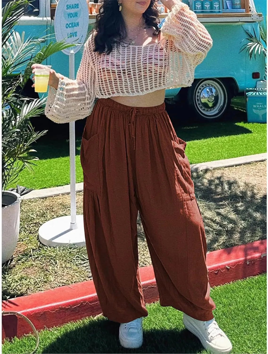 Linen Palazzo Pants Women Wide Leg Beach Trousers Lightweight Boho Harem Pants with Pockets Elastic Waist