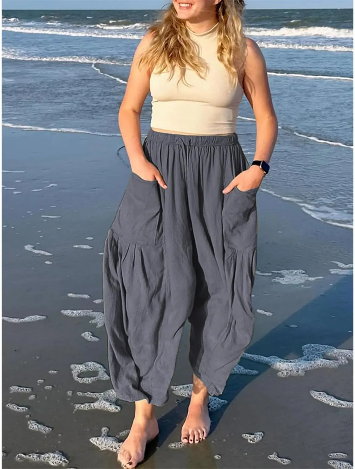 Linen Palazzo Pants Women Wide Leg Beach Trousers Lightweight Boho Harem Pants with Pockets Elastic Waist