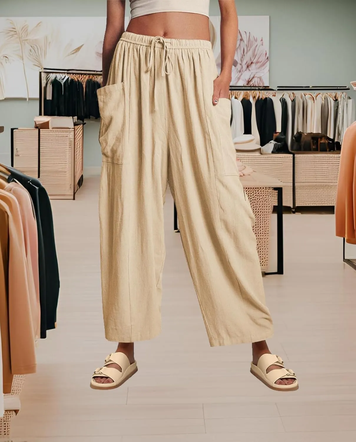 Linen Palazzo Pants Women Wide Leg Beach Trousers Lightweight Boho Harem Pants with Pockets Elastic Waist