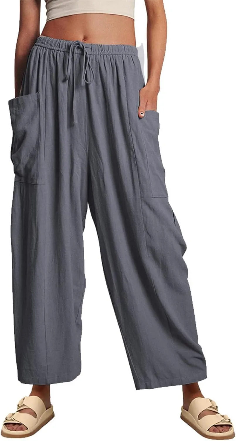 Linen Palazzo Pants Women Wide Leg Beach Trousers Lightweight Boho Harem Pants with Pockets Elastic Waist