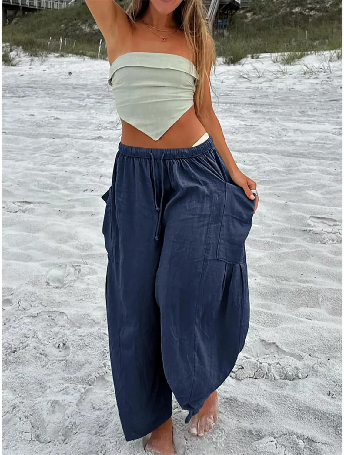 Linen Palazzo Pants Women Wide Leg Beach Trousers Lightweight Boho Harem Pants with Pockets Elastic Waist