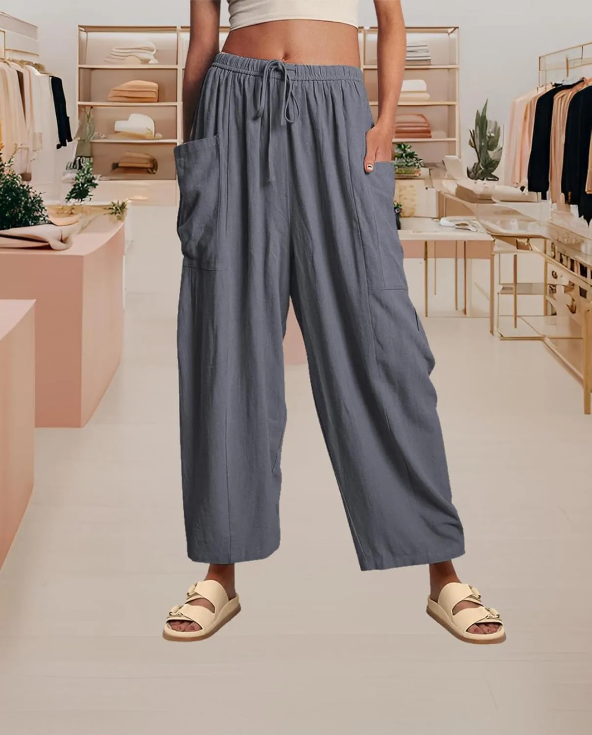 Linen Palazzo Pants Women Wide Leg Beach Trousers Lightweight Boho Harem Pants with Pockets Elastic Waist