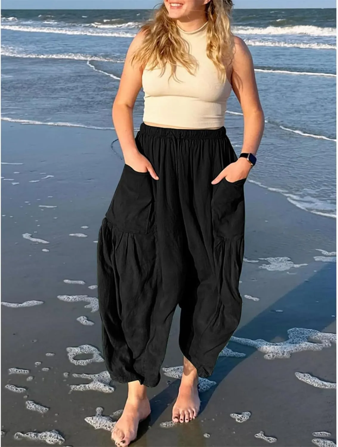 Linen Palazzo Pants Women Wide Leg Beach Trousers Lightweight Boho Harem Pants with Pockets Elastic Waist