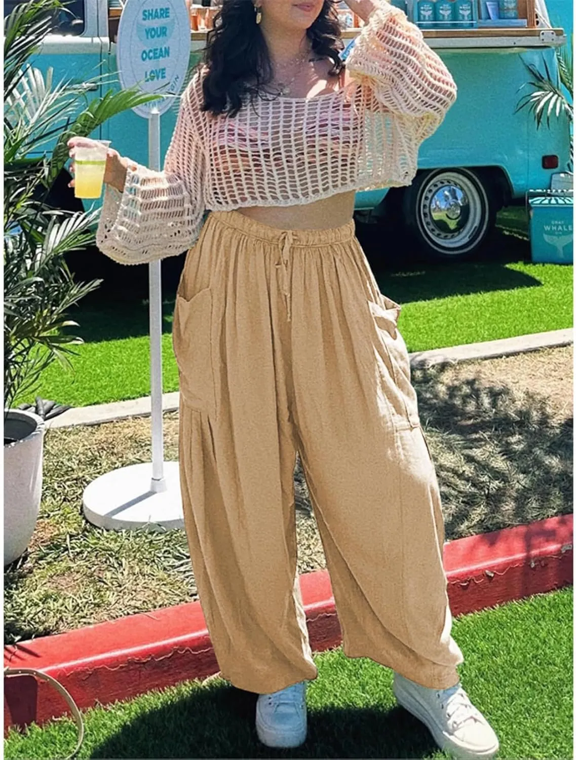 Linen Palazzo Pants Women Wide Leg Beach Trousers Lightweight Boho Harem Pants with Pockets Elastic Waist