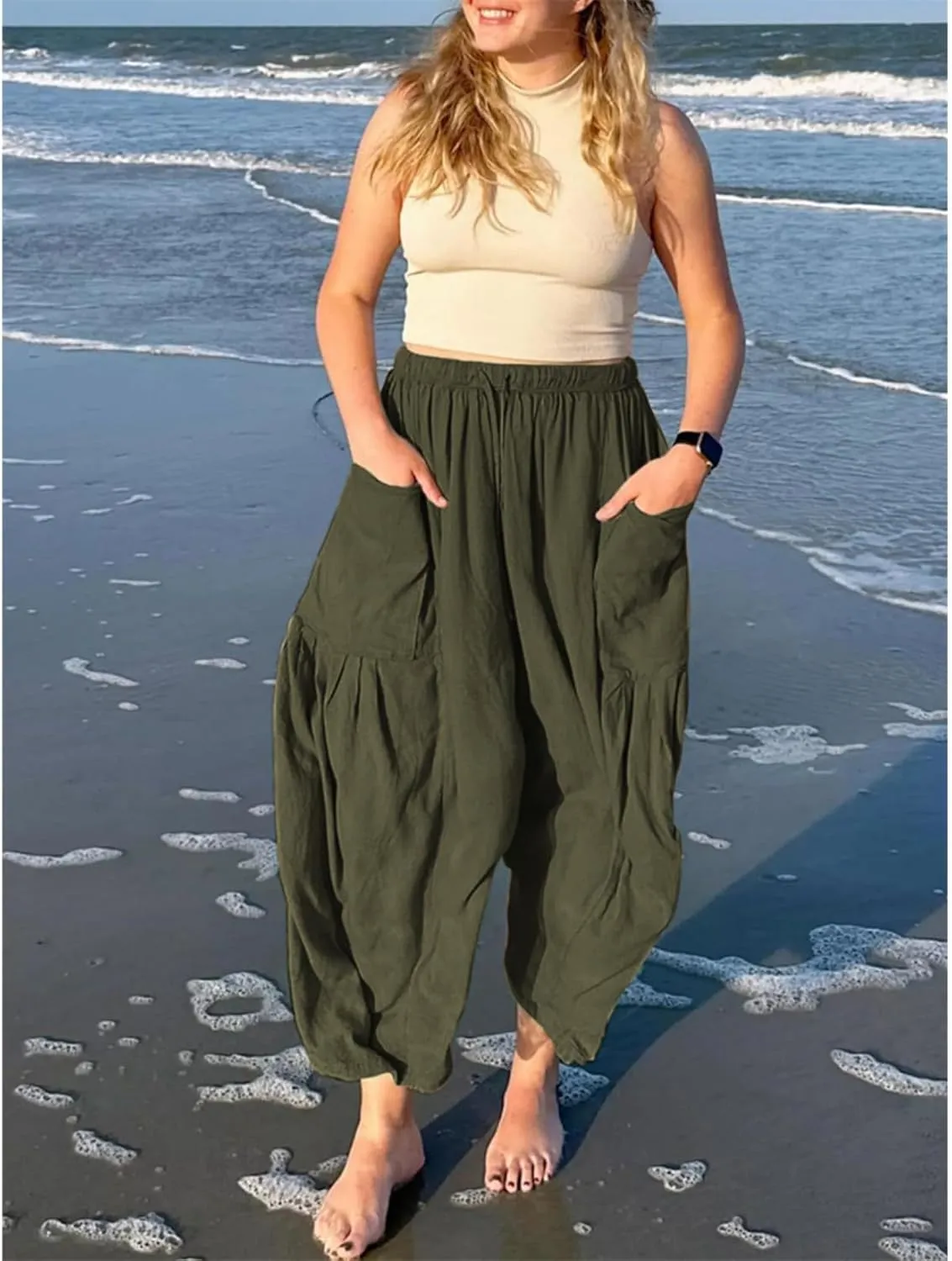 Linen Palazzo Pants Women Wide Leg Beach Trousers Lightweight Boho Harem Pants with Pockets Elastic Waist