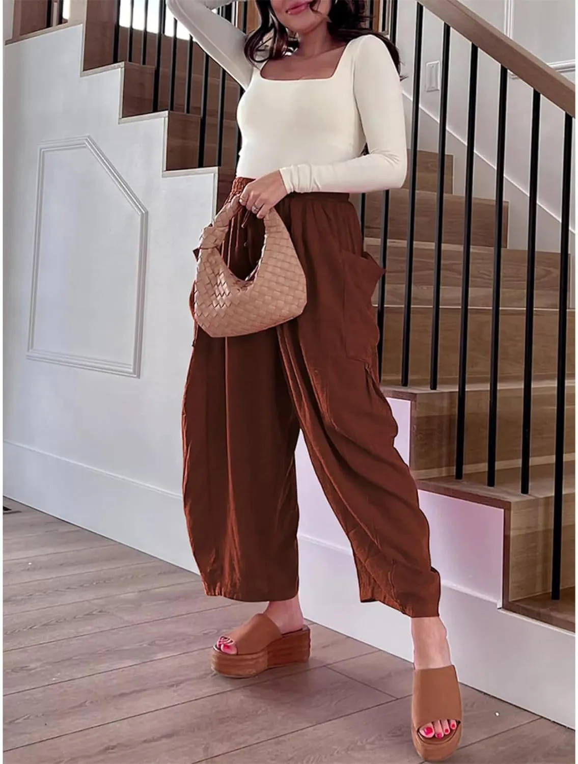Linen Palazzo Pants Women Wide Leg Beach Trousers Lightweight Boho Harem Pants with Pockets Elastic Waist