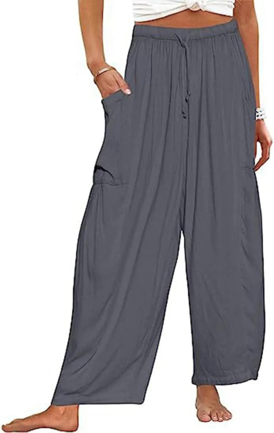 Linen Palazzo Pants Women Wide Leg Beach Trousers Lightweight Boho Harem Pants with Pockets Elastic Waist