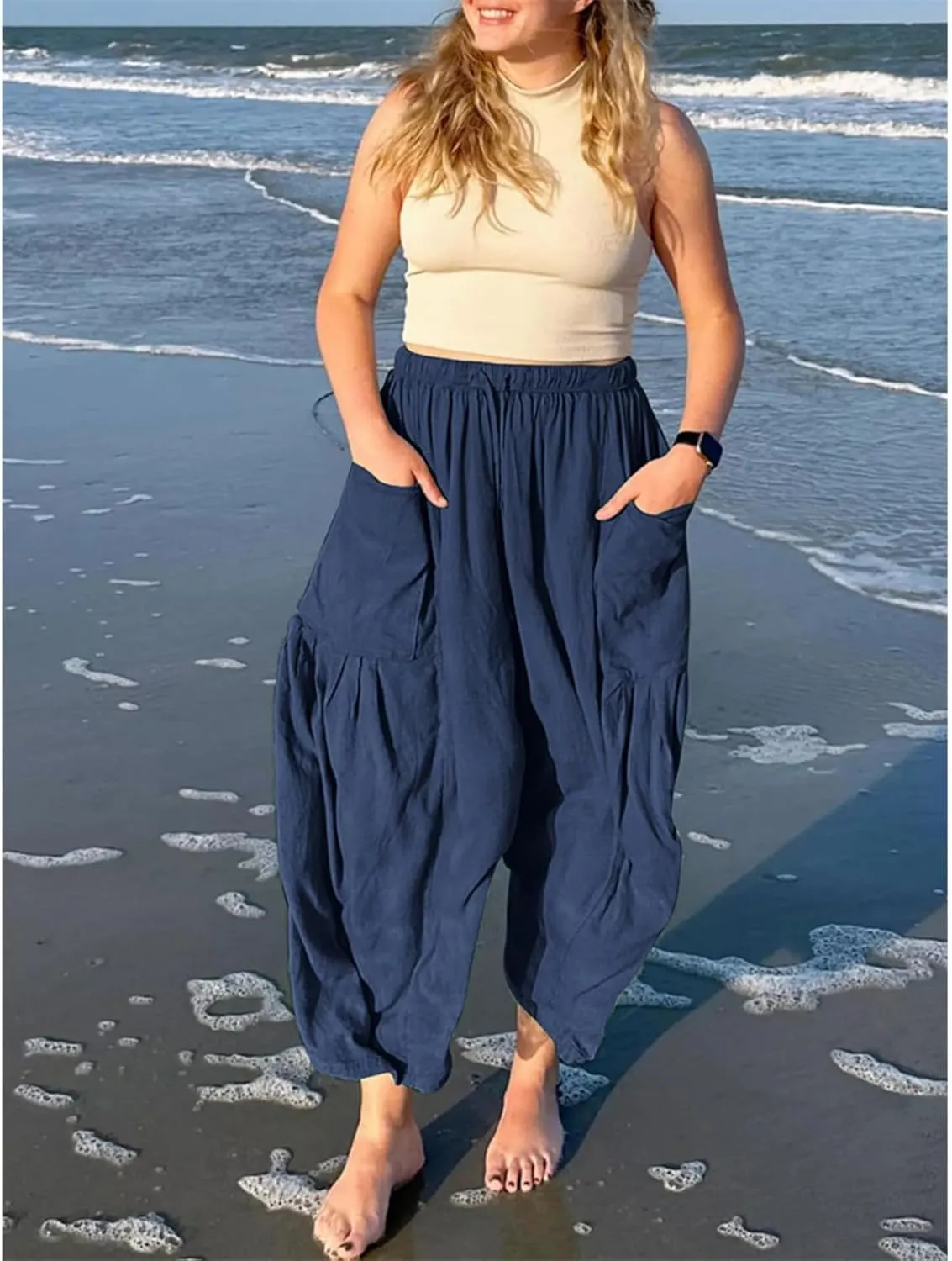 Linen Palazzo Pants Women Wide Leg Beach Trousers Lightweight Boho Harem Pants with Pockets Elastic Waist